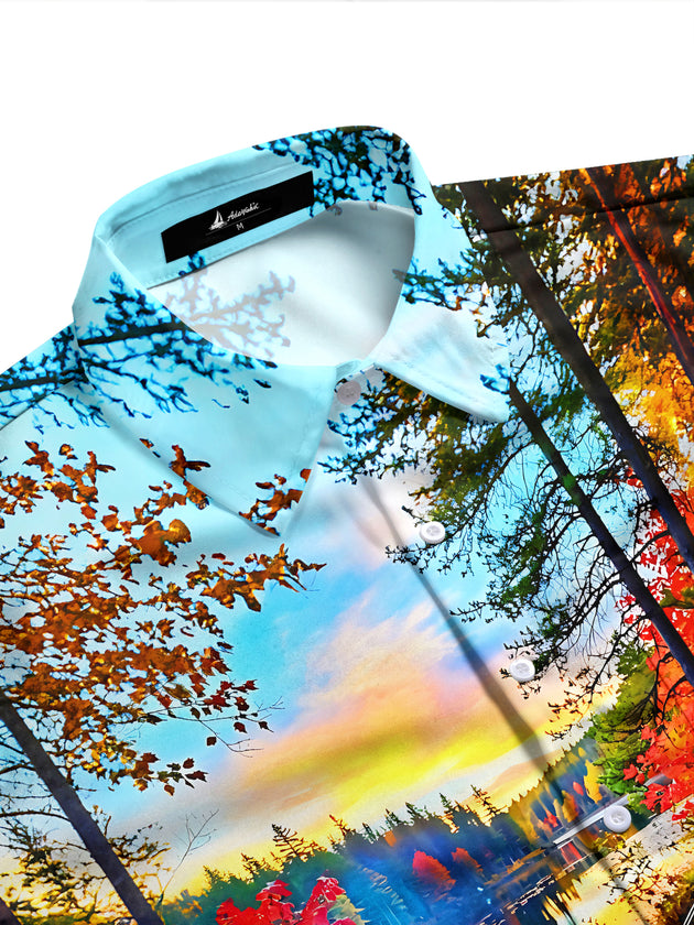 Adaychic Men's Printed Autumn Forest Camping Scene Print Long Sleeve Shirt with Chest Pocket