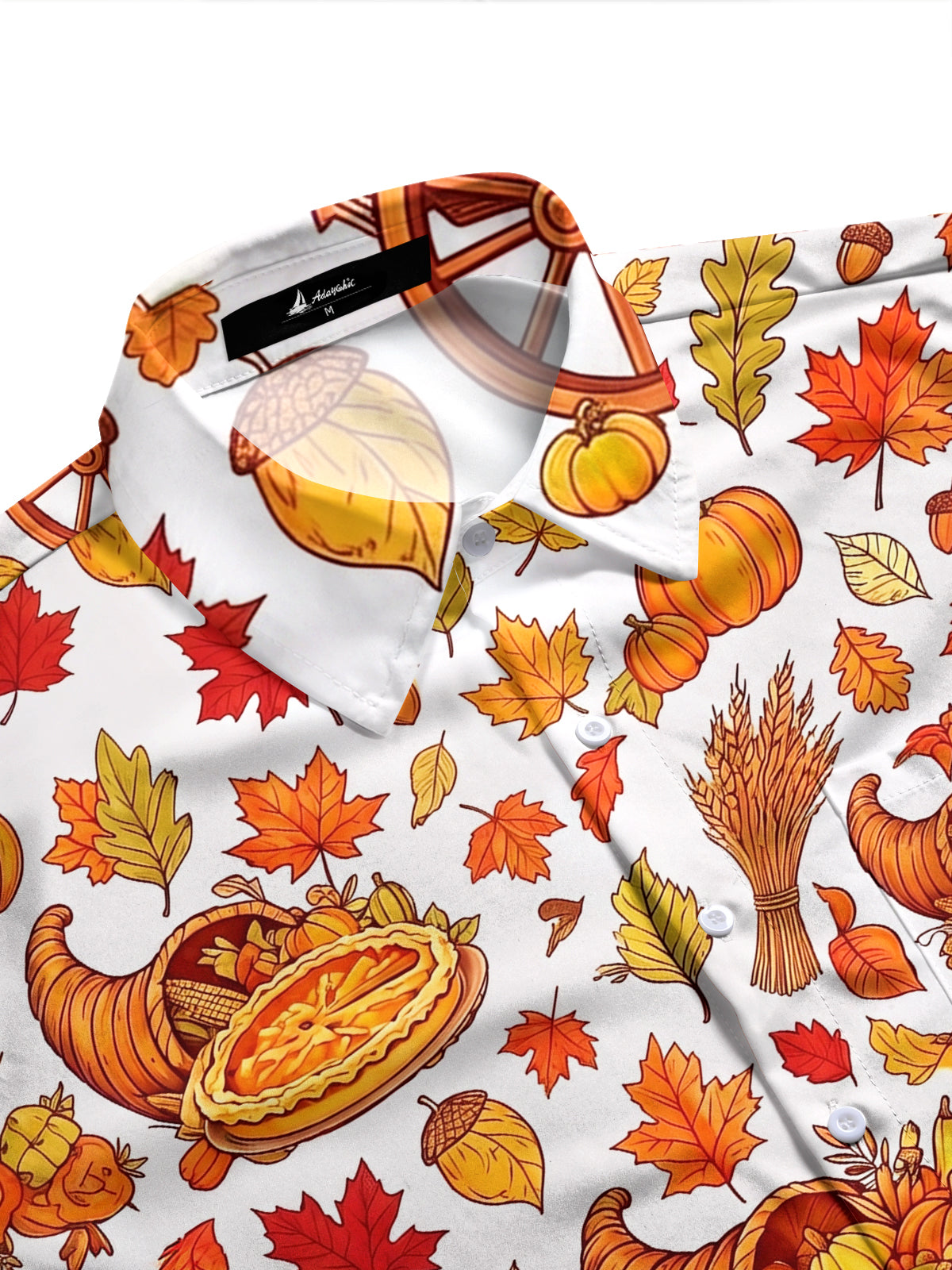 Adaychic Men's Long Sleeve Shirt - Thanksgiving Cornucopia And Harvest Cartoons Print with Chest Pocket