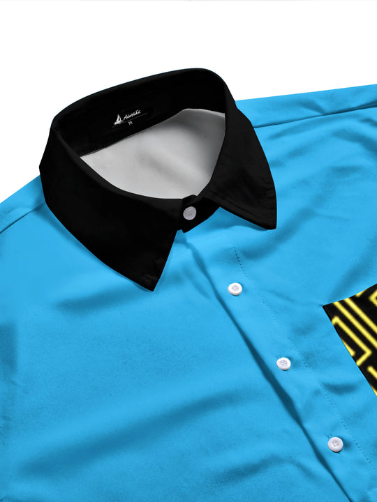 Adaychic Men's Patterned Geometric Gold Lines On Black Print Long Sleeve Shirt with Chest Pocket