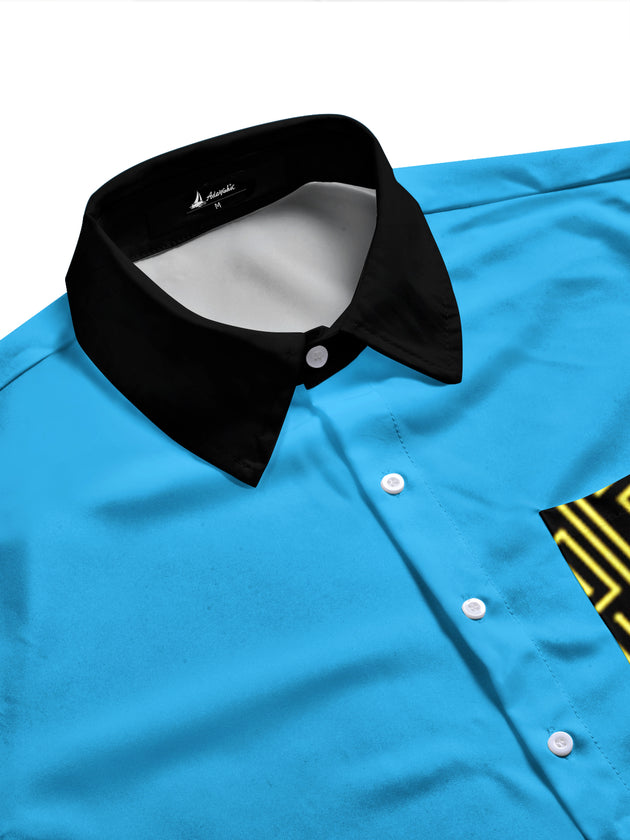 Adaychic Men's Patterned Geometric Gold Lines On Black Print Long Sleeve Shirt with Chest Pocket
