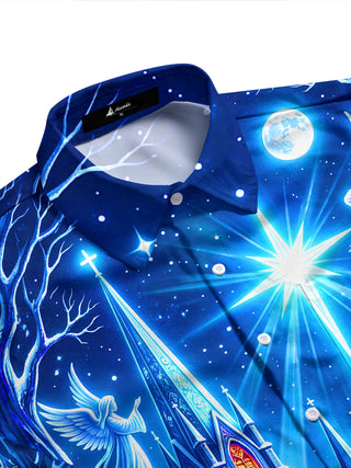 Adaychic Men's Long Sleeve Shirt - Christmas Gothic Church With Angels And Starburst Print with Chest Pocket