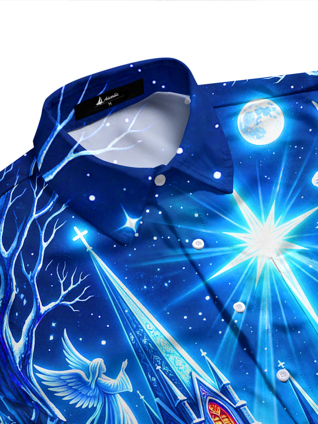 Adaychic Men's Long Sleeve Shirt - Christmas Gothic Church With Angels And Starburst Print with Chest Pocket
