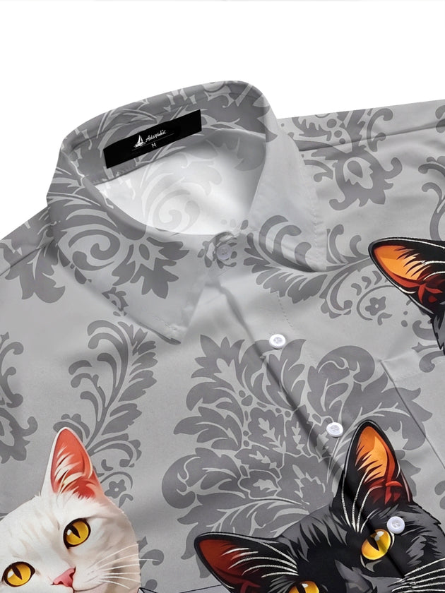 Adaychic Men's Hawaiian Cat In Tuxedo Print Short Sleeve Shirt with Chest Pocket