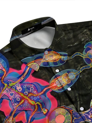 Adaychic Men's Colorful Abstract Organic Shapes Print Short Sleeve Shirt with Chest Pocket