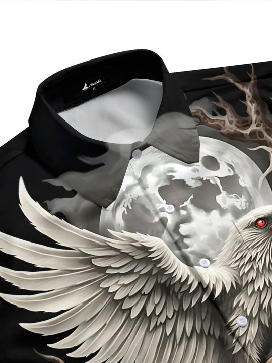 Adaychic Men's Graphic Skull And Raven Print Full Moon Print Short Sleeve Shirt with Chest Pocket
