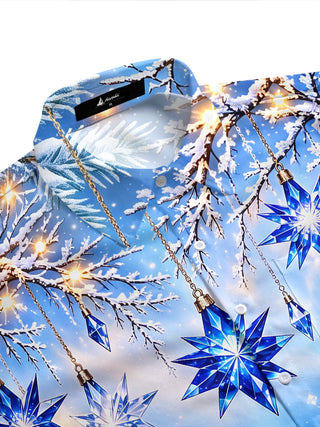 Adaychic Men's Blue Crystal Stars And Snowy Branches Print Short Sleeve Shirt with Chest Pocket
