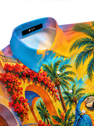 Adaychic Men's Hawaiian Parrot Print Palm Tree Print Short Sleeve Shirt with Chest Pocket