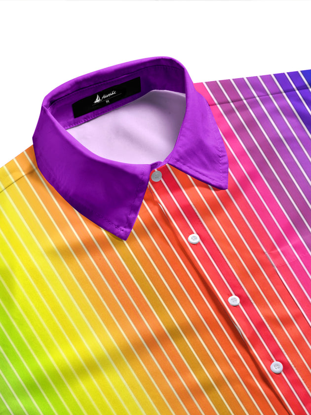 Adaychic Men's Striped Rainbow Gradient Stripes Print Short Sleeve Shirt with Chest Pocket