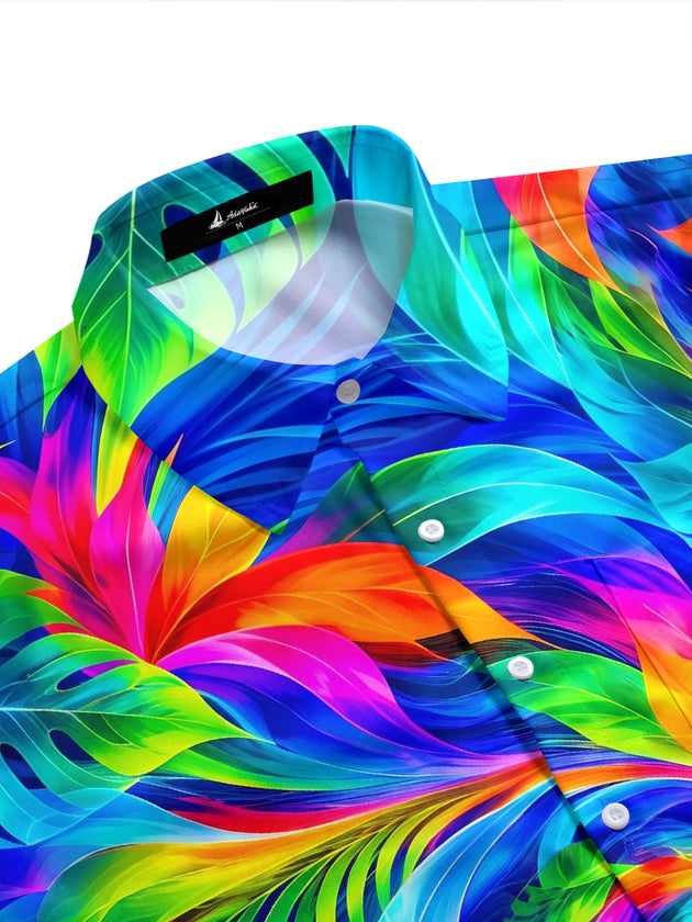 Adaychic Men's Hawaiian Abstract Neon Tropical Leaves Print Short Sleeve Shirt with Chest Pocket
