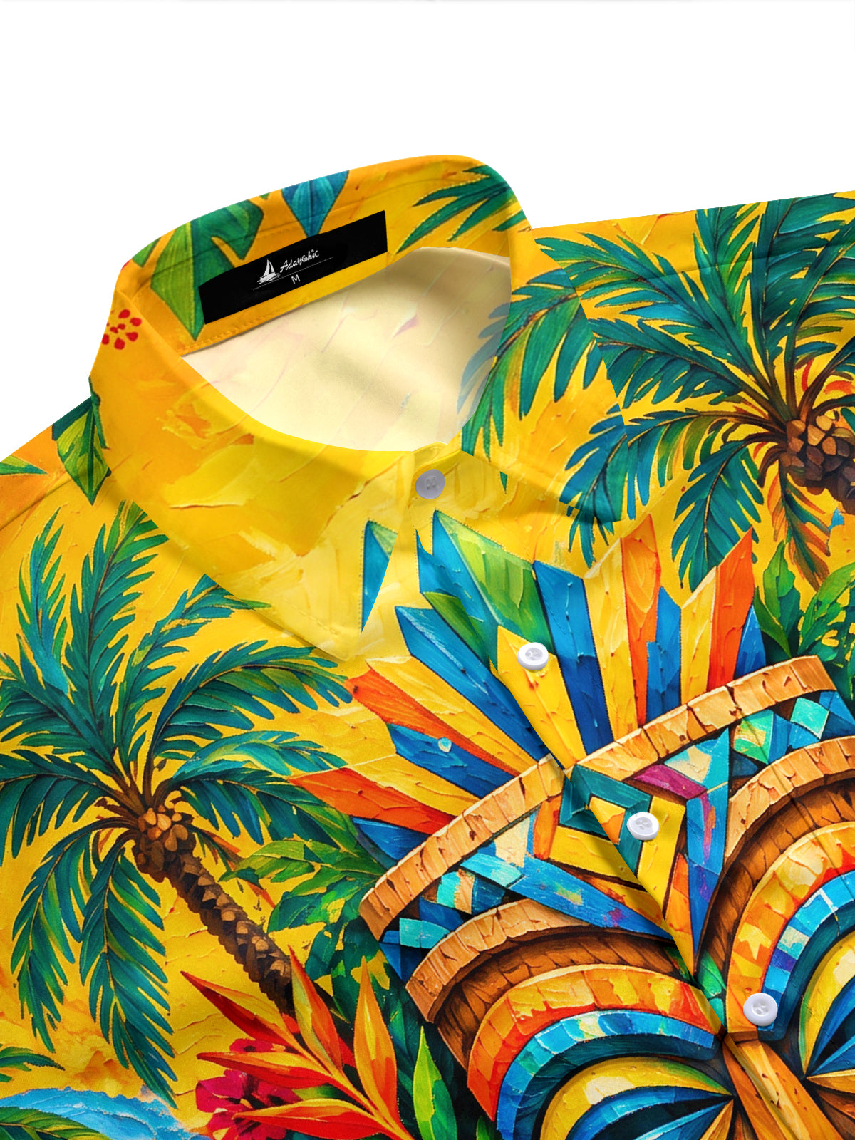 Adaychic Men's Hawaiian Tiki Totem Mask Print Short Sleeve Shirt with Chest Pocket