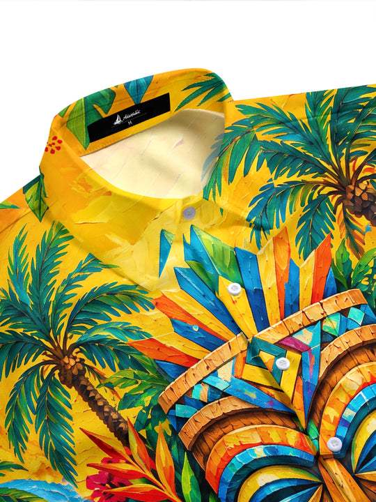 Adaychic Men's Hawaiian Tiki Totem Mask Print Short Sleeve Shirt with Chest Pocket