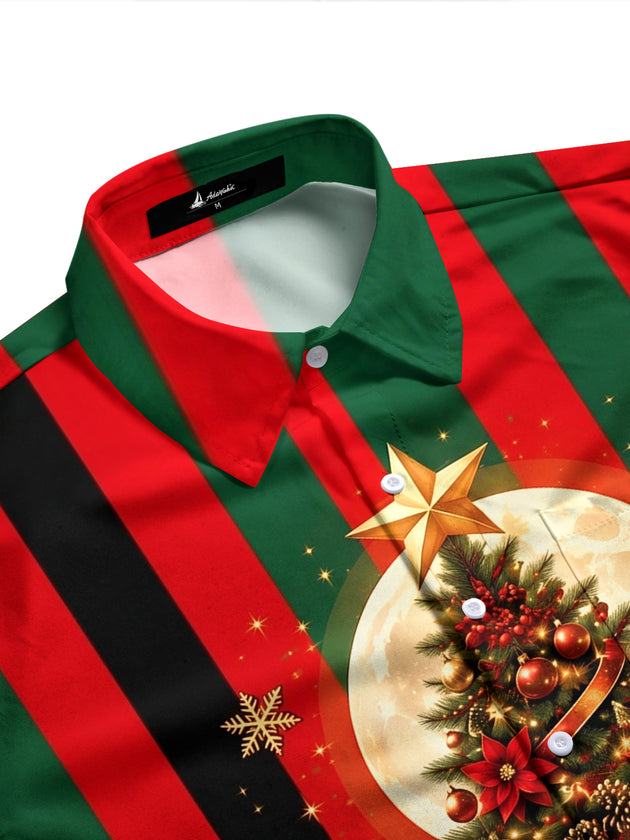 Adaychic Men's Christmas Tree With Ornaments And Gifts Print Long Sleeve Shirt with Chest Pocket