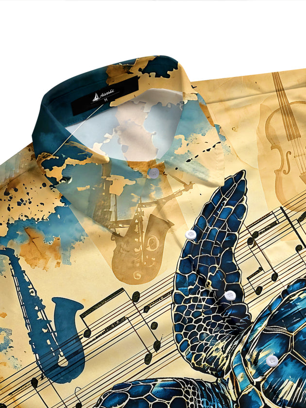 Adaychic Men's Vintage Style Sea Turtle Print Short Sleeve Shirt with Chest Pocket
