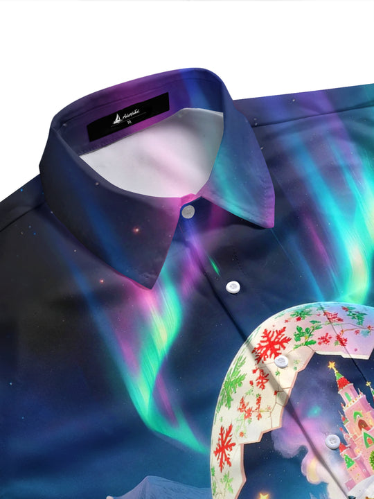 Adaychic Men's Graphic Christmas Egg Train Print Short Sleeve Shirt with Chest Pocket
