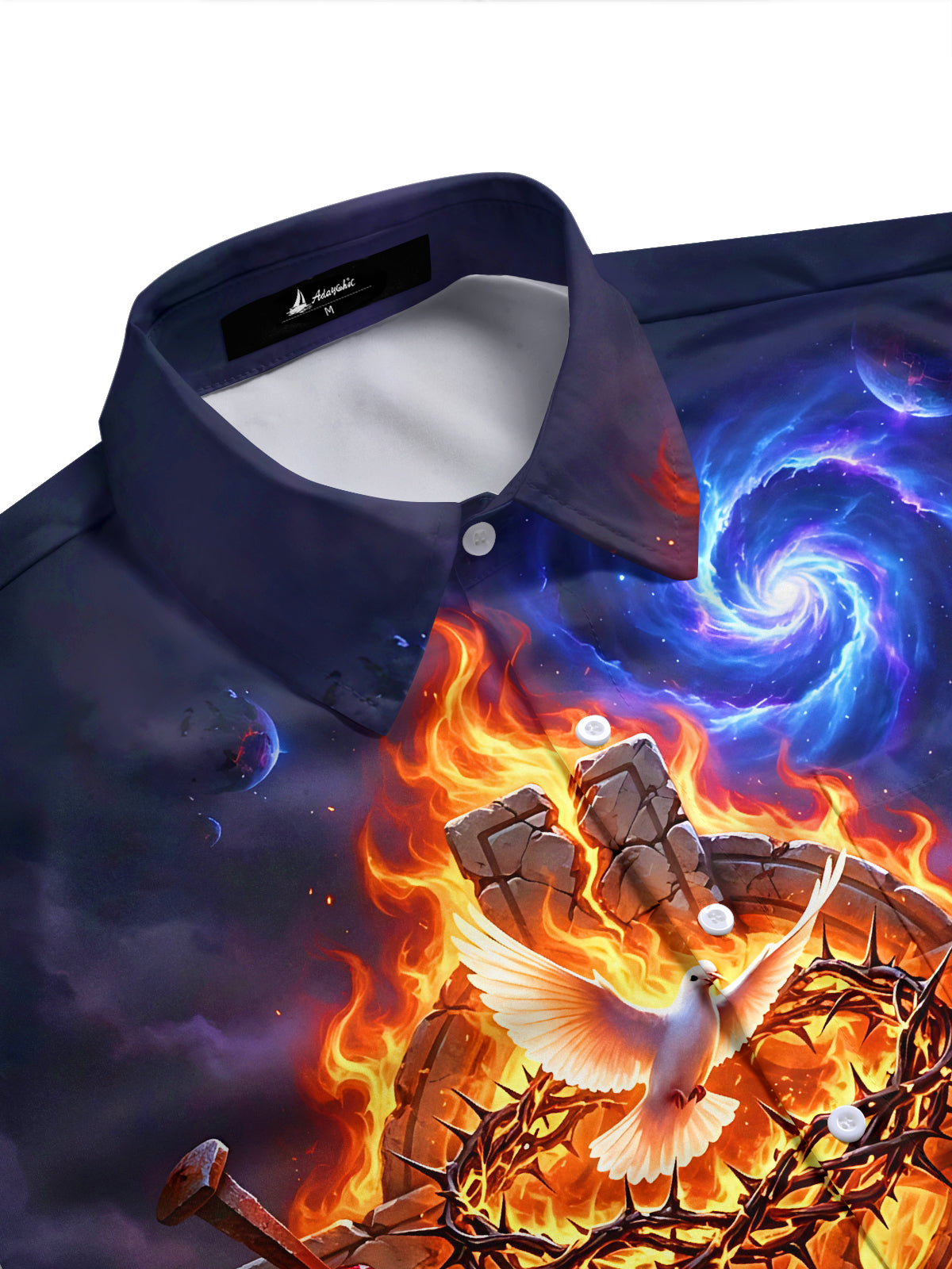 Adaychic Men's Short Sleeve Shirt - Flaming Cross With Dove And Crown Of Thorns Print with Chest Pocket
