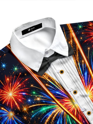 Adaychic Men's Printed Colorful Fireworks Print Long Sleeve Shirt with Chest Pocket