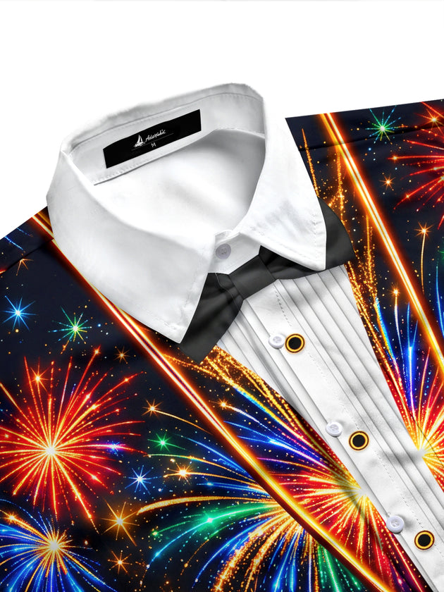 Adaychic Men's Printed Colorful Fireworks Print Long Sleeve Shirt with Chest Pocket