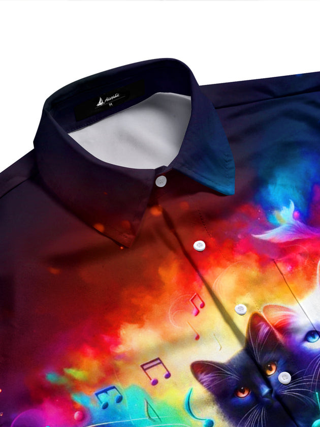 Adaychic Men's Graphic Colorful Cats Print Long Sleeve Shirt with Chest Pocket