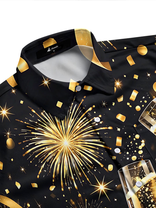 Adaychic Men's New Year Champagne Glasses And Fireworks Print Long Sleeve Shirt with Chest Pocket