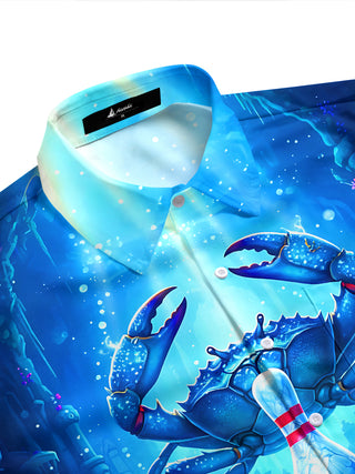 Adaychic Men's Graphic Deep Sea Crab Bowling Print Short Sleeve Shirt with Chest Pocket