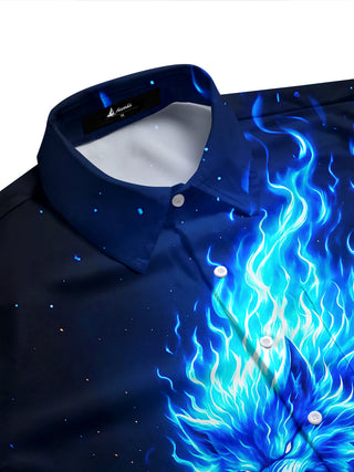 Adaychic Men's Graphic Blue Flame Wolf Print Short Sleeve Shirt with Chest Pocket