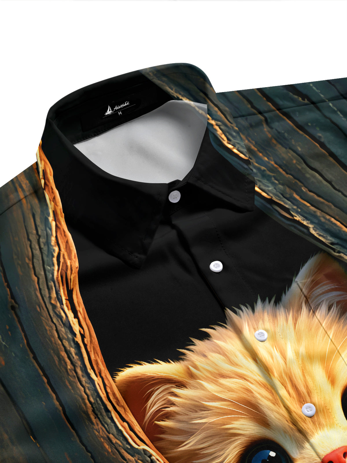 Adaychic Men's Graphic Kitten In Tree Hole Print Short Sleeve Shirt with Chest Pocket