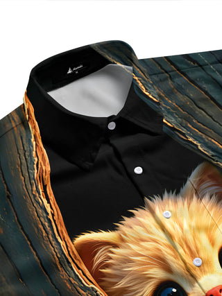 Adaychic Men's Graphic Kitten In Tree Hole Print Short Sleeve Shirt with Chest Pocket