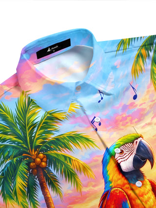 Adaychic Men's Hawaiian Parrot Playing Drums Print Short Sleeve Shirt with Chest Pocket
