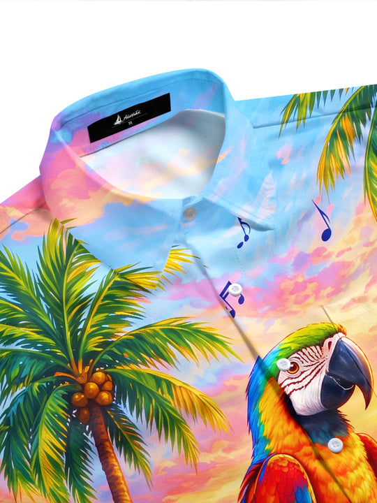 Adaychic Men's Hawaiian Parrot Playing Drums Print Short Sleeve Shirt with Chest Pocket
