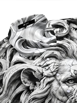 Adaychic Men's Graphic 3D Carved Lion Head Print Short Sleeve Shirt with Chest Pocket