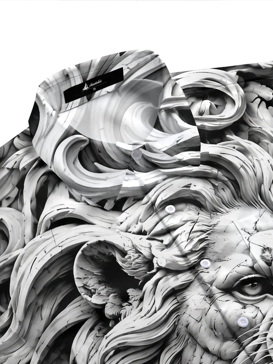 Adaychic Men's Graphic 3D Carved Lion Head Print Short Sleeve Shirt with Chest Pocket
