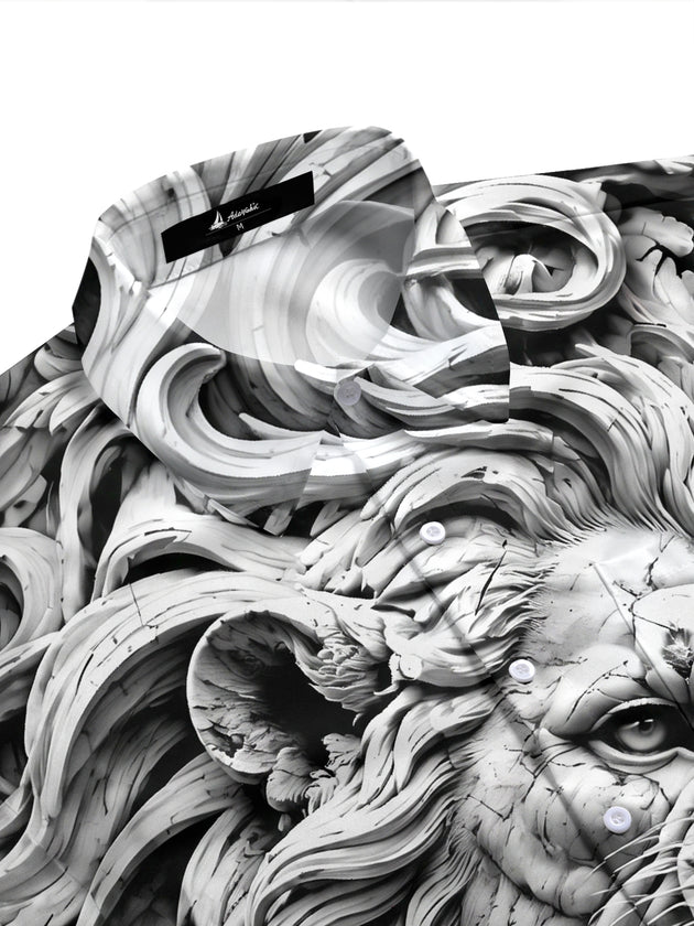 Adaychic Men's Graphic 3D Carved Lion Head Print Short Sleeve Shirt with Chest Pocket