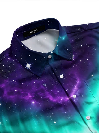 Adaychic Men's Aurora Borealis And Starry Night Sky Print Long Sleeve Shirt with Chest Pocket