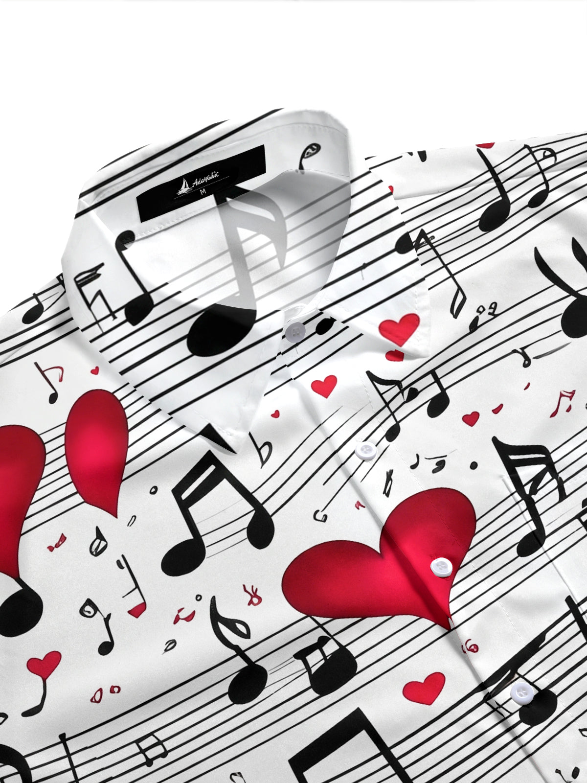 Adaychic Men's Printed Musical Notes Print Red Hearts Print Short Sleeve Shirt with Chest Pocket