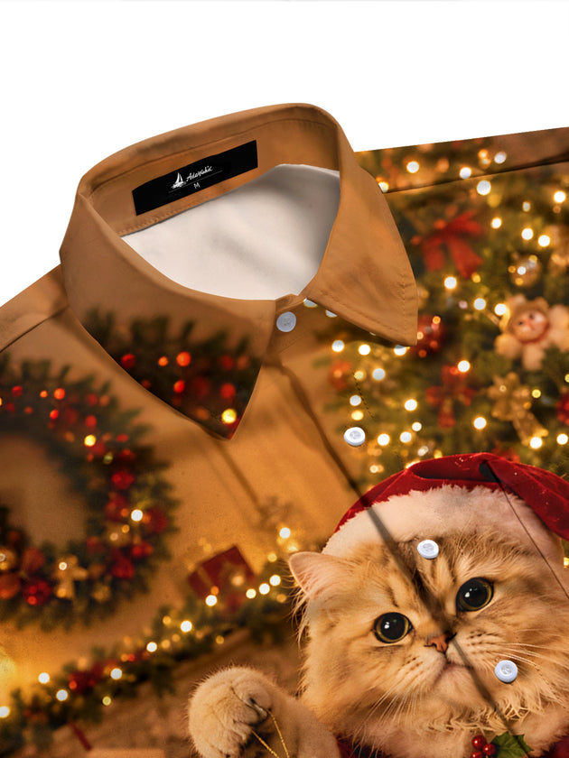 Adaychic Men's Printed Christmas Cat Print Santa Cat Print Long Sleeve Shirt with Chest Pocket