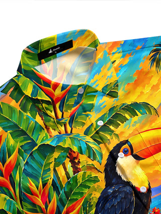 Adaychic Men's Toucan And Palm Tree Sunset Landscape Print Short Sleeve Shirt with Chest Pocket