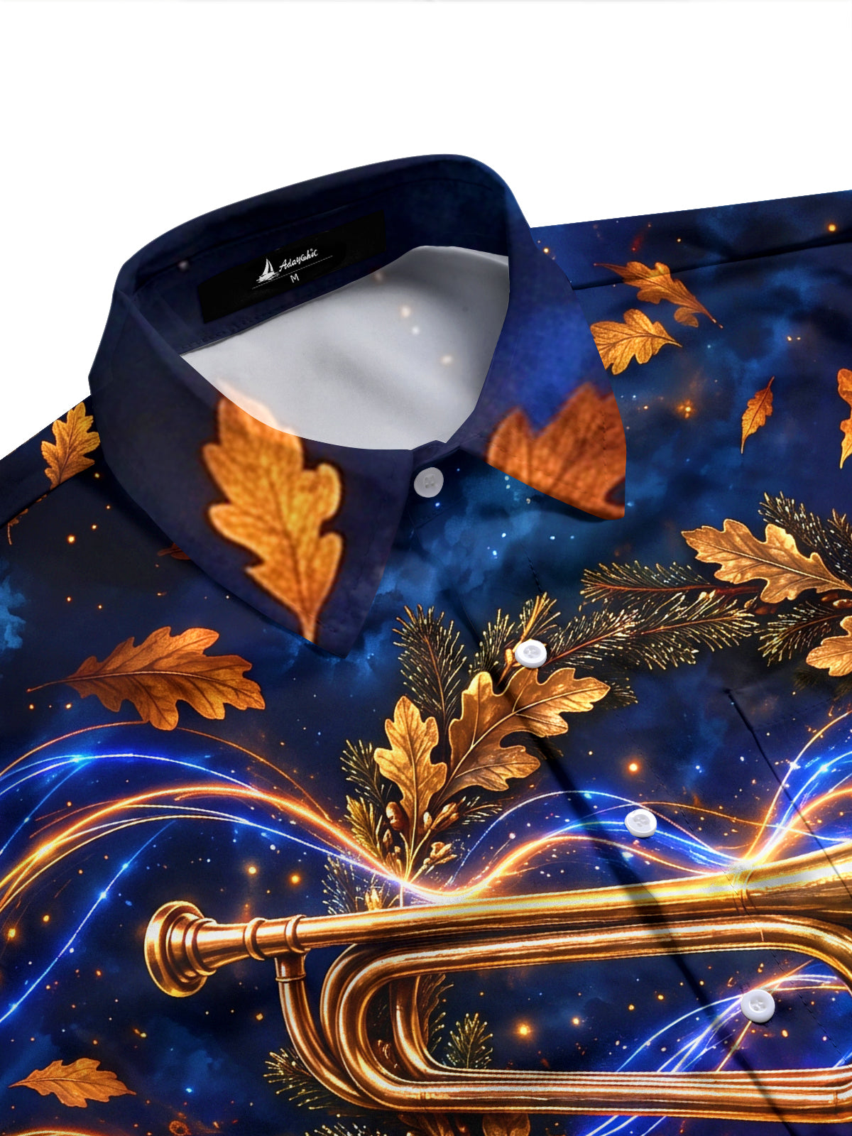 Adaychic Men's Long Sleeve Shirt - Veterans Day Golden Trumpet And Autumn Leaves Print with Chest Pocket