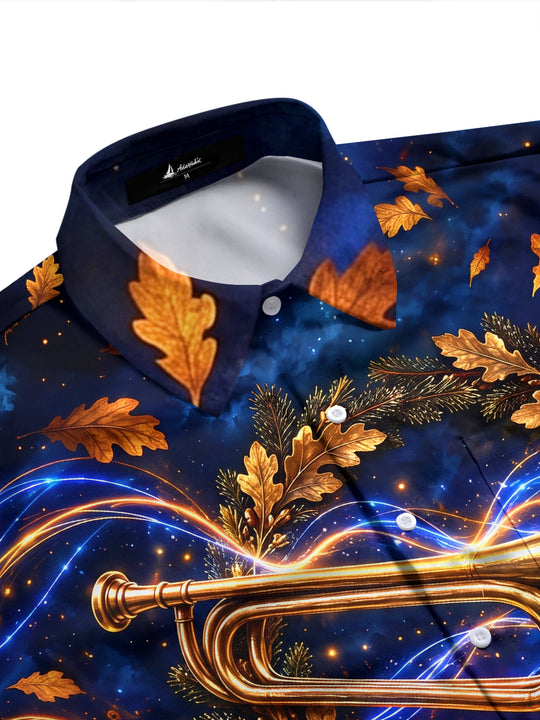 Adaychic Men's Long Sleeve Shirt - Veterans Day Golden Trumpet And Autumn Leaves Print with Chest Pocket