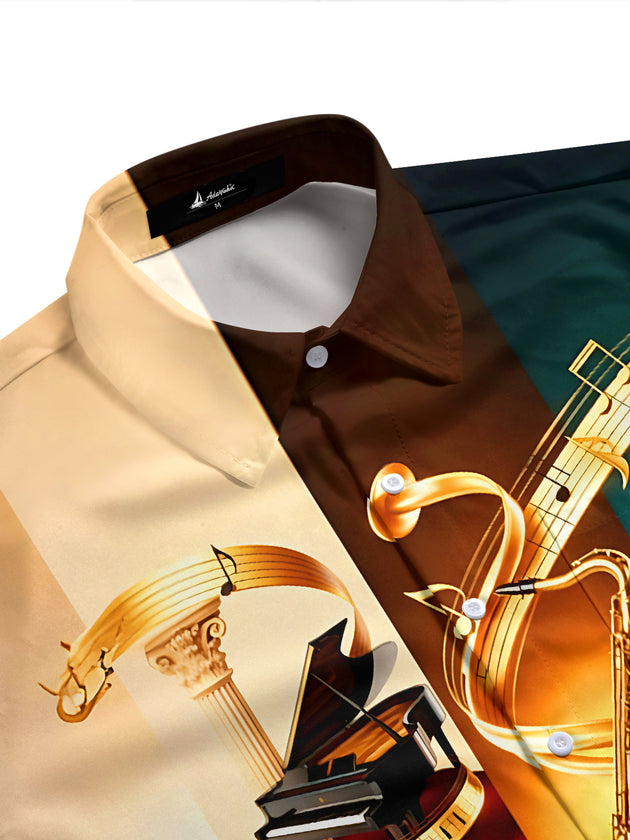 Adaychic Men's Graphic Musical Instruments Print Short Sleeve Shirt with Chest Pocket