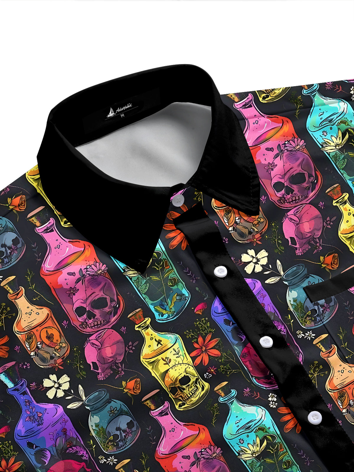 Adaychic Men's Hawaiian Skull Bottles Print Floral Pattern Short Sleeve Shirt with Chest Pocket