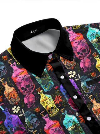 Adaychic Men's Hawaiian Skull Bottles Print Floral Pattern Short Sleeve Shirt with Chest Pocket