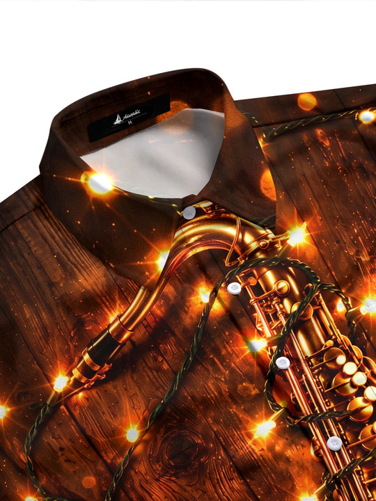 Adaychic Men's Saxophone And Christmas Light String Print Long Sleeve Shirt with Chest Pocket