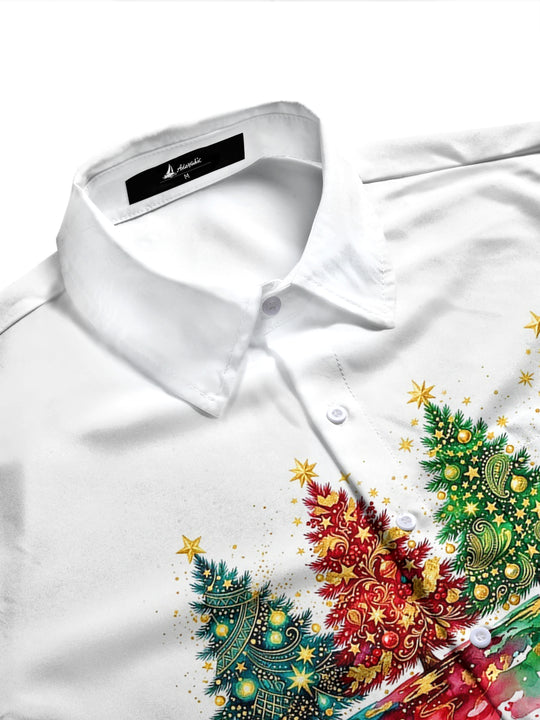 Adaychic Men's Long Sleeve Shirt - Watercolor Christmas Trees With Ornaments And Stars Print with Chest Pocket
