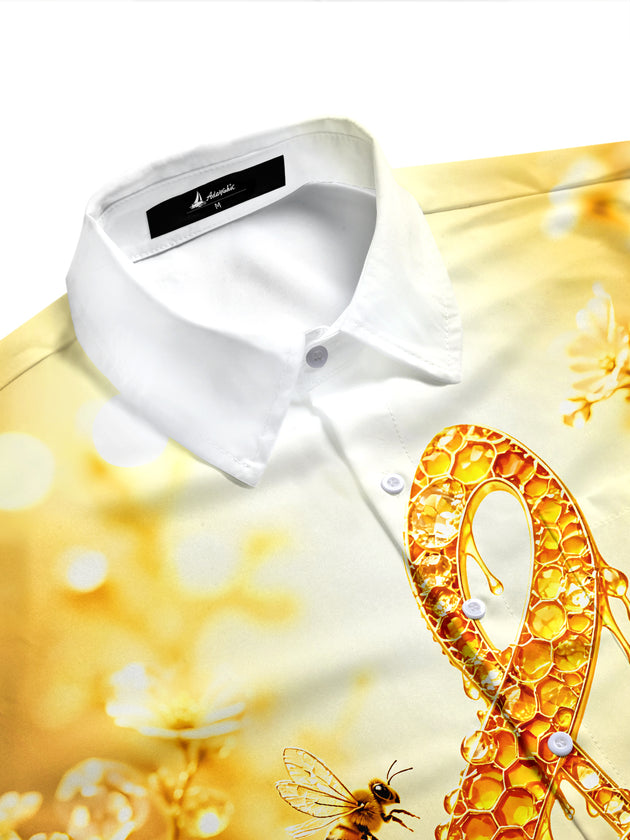 Adaychic Men's Hawaiian Golden Treble Clef Print Short Sleeve Shirt with Chest Pocket