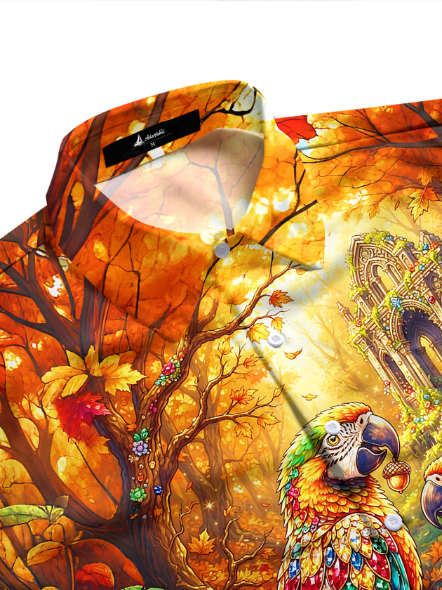 Adaychic Men's Graphic Parrots In Autumn Forest Print Long Sleeve Shirt with Chest Pocket