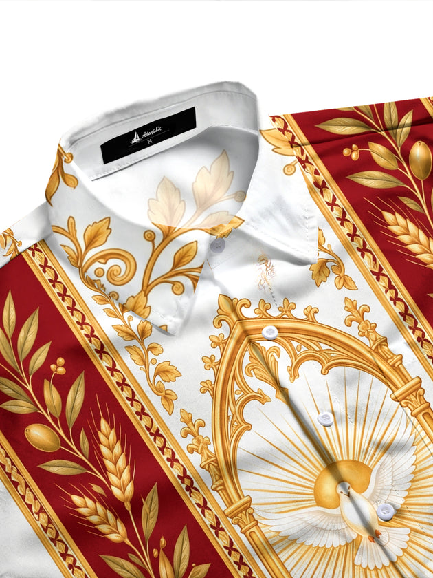 Adaychic Men's Printed White Dove With Golden Rays Print Long Sleeve Shirt with Chest Pocket