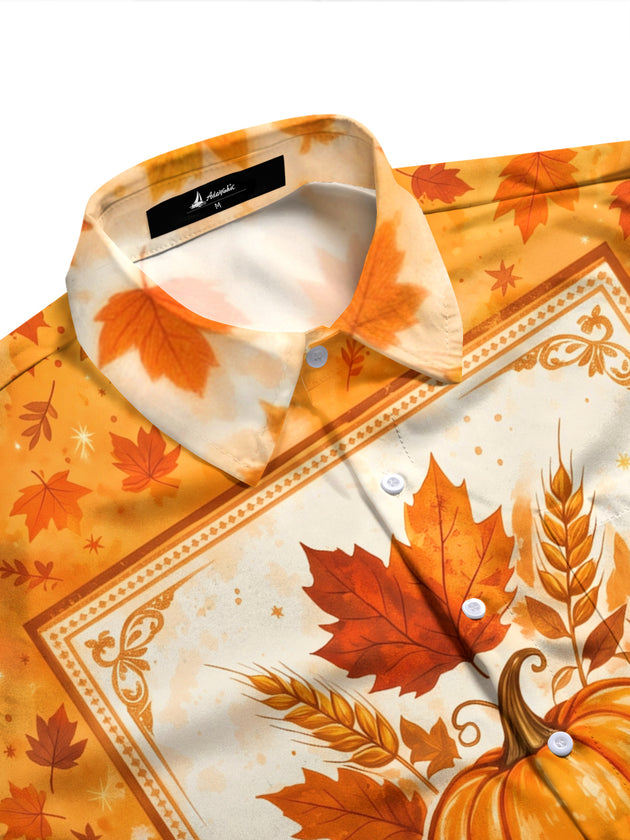 Adaychic Men's Long Sleeve Shirt - Thanksgiving Pumpkins Turkeys And Autumn Leaves Print with Chest Pocket