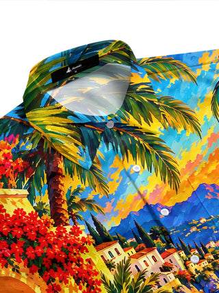 Adaychic Men's Short Sleeve Shirt - Coastal Sunset Sailboat And Mediterranean Architecture Print with Chest Pocket