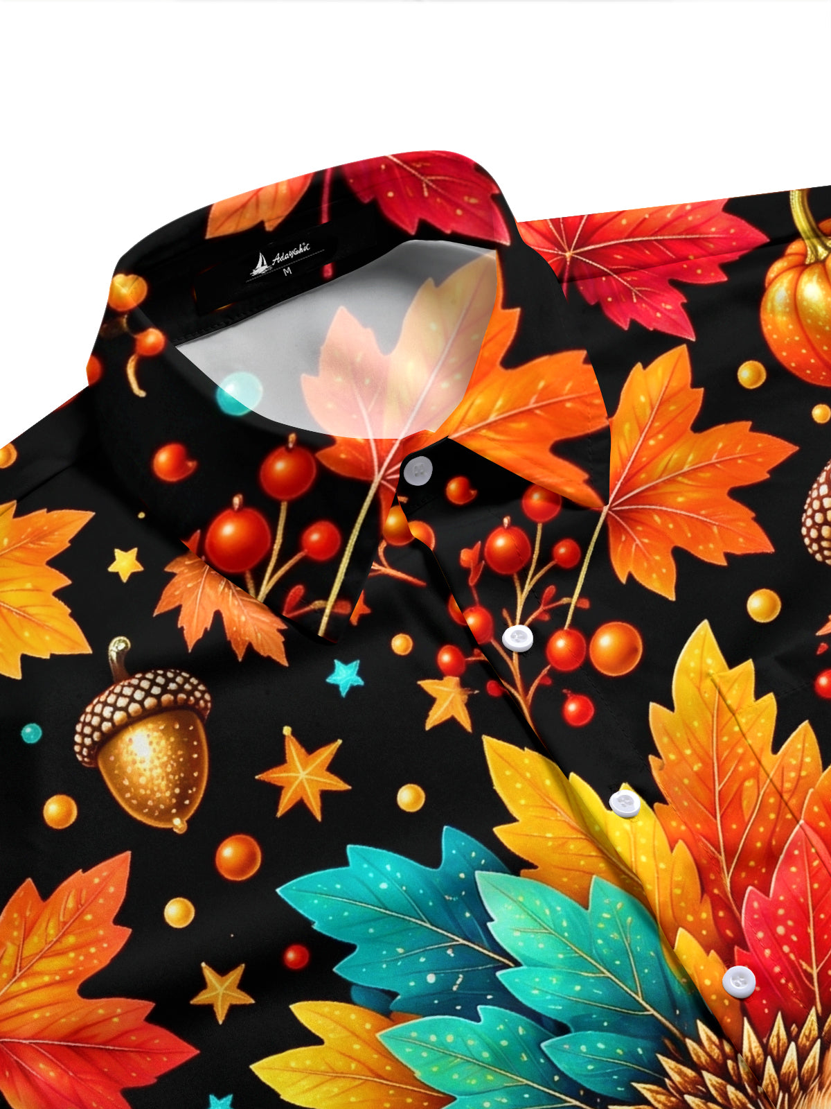 Adaychic Men's Short Sleeve Stand Collar Shirt - Hedgehog Holding A Pumpkin With Autumn Leaves Print with Chest Pocket