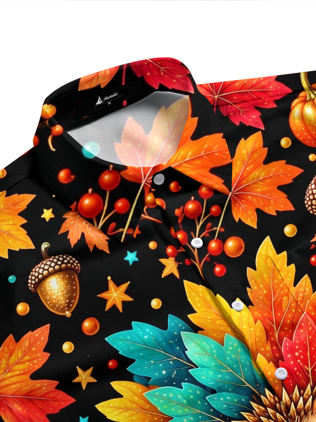 Adaychic Men's Short Sleeve Stand Collar Shirt - Hedgehog Holding A Pumpkin With Autumn Leaves Print with Chest Pocket